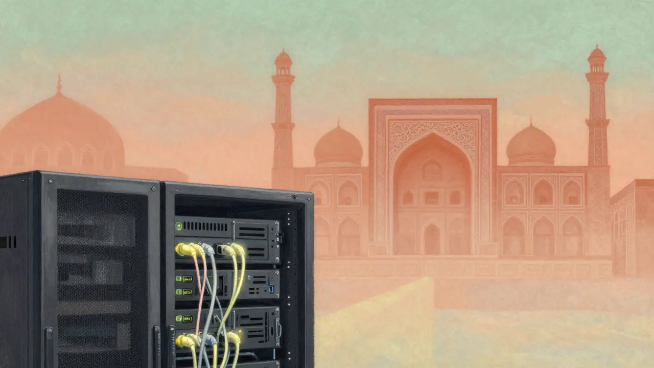Pastel illustration blending server racks with Pakistani cultural motifs