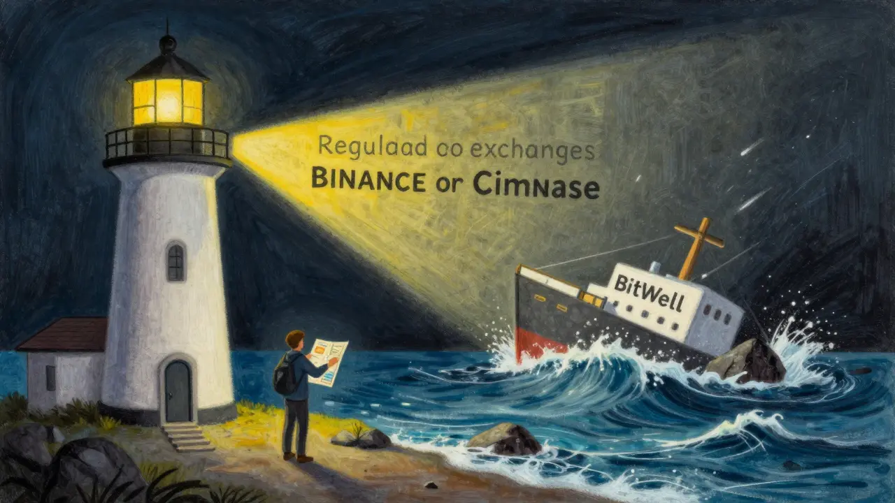 Pastel illustration comparing a safe lighthouse of regulated exchanges to a sinking scam ship.