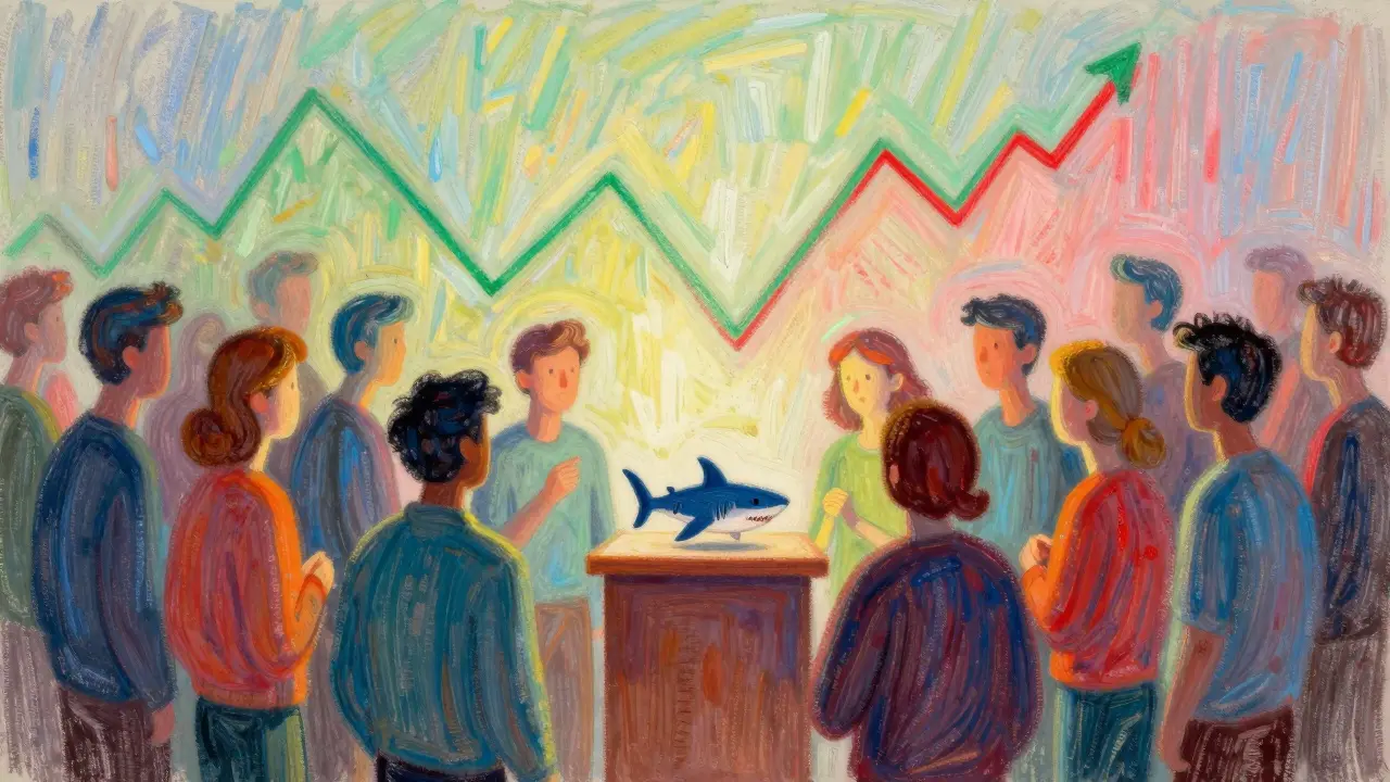 Pastel illustration of a crowd watching a volatile crypto market graph