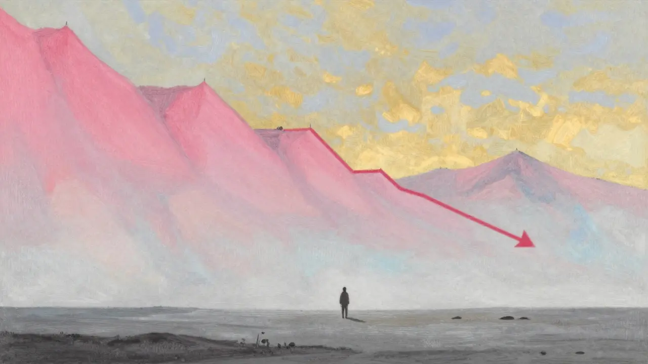 Pastel illustration of a faded mountain peak and desolate plain, depicting price collapse.