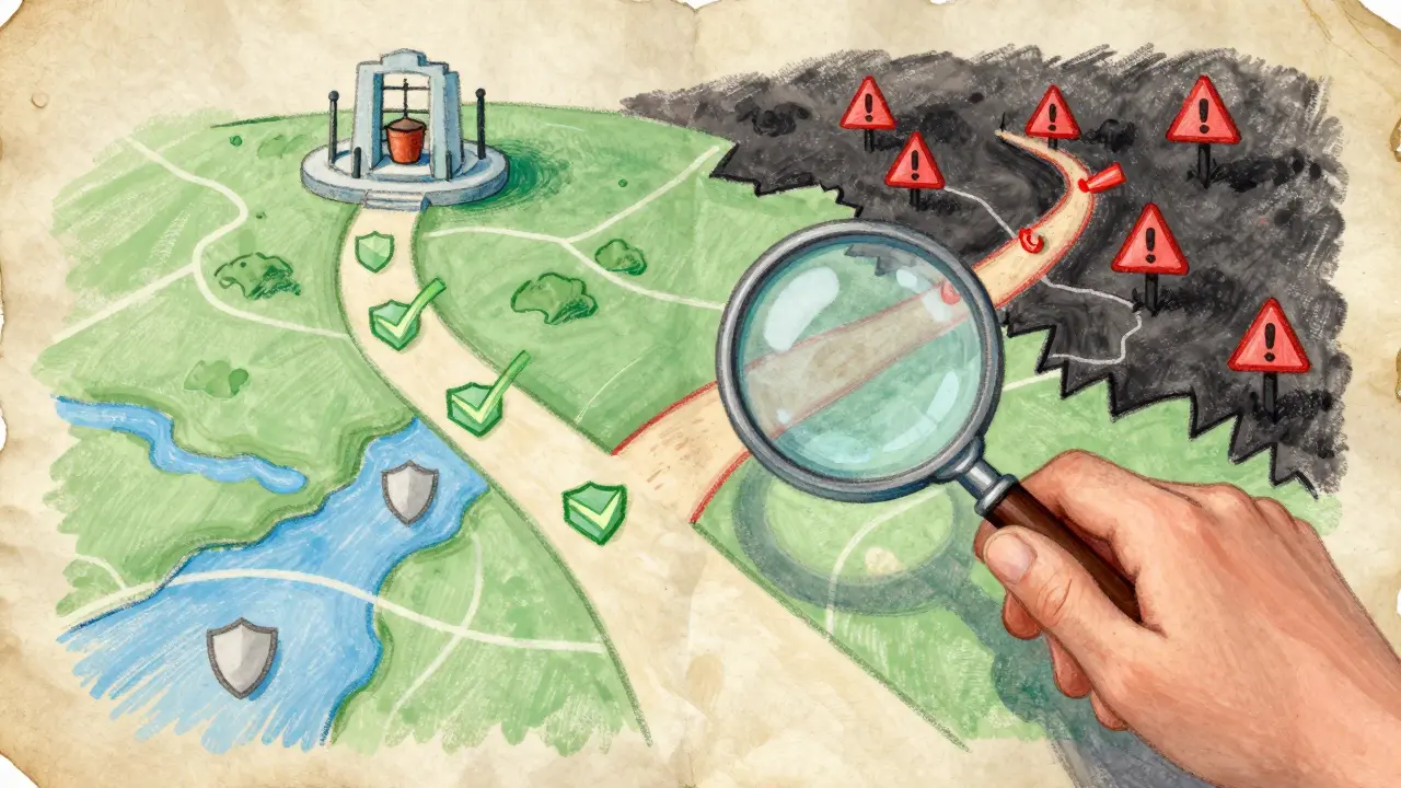 Pastel illustration of a map showing safe vs scam paths with a magnifying glass