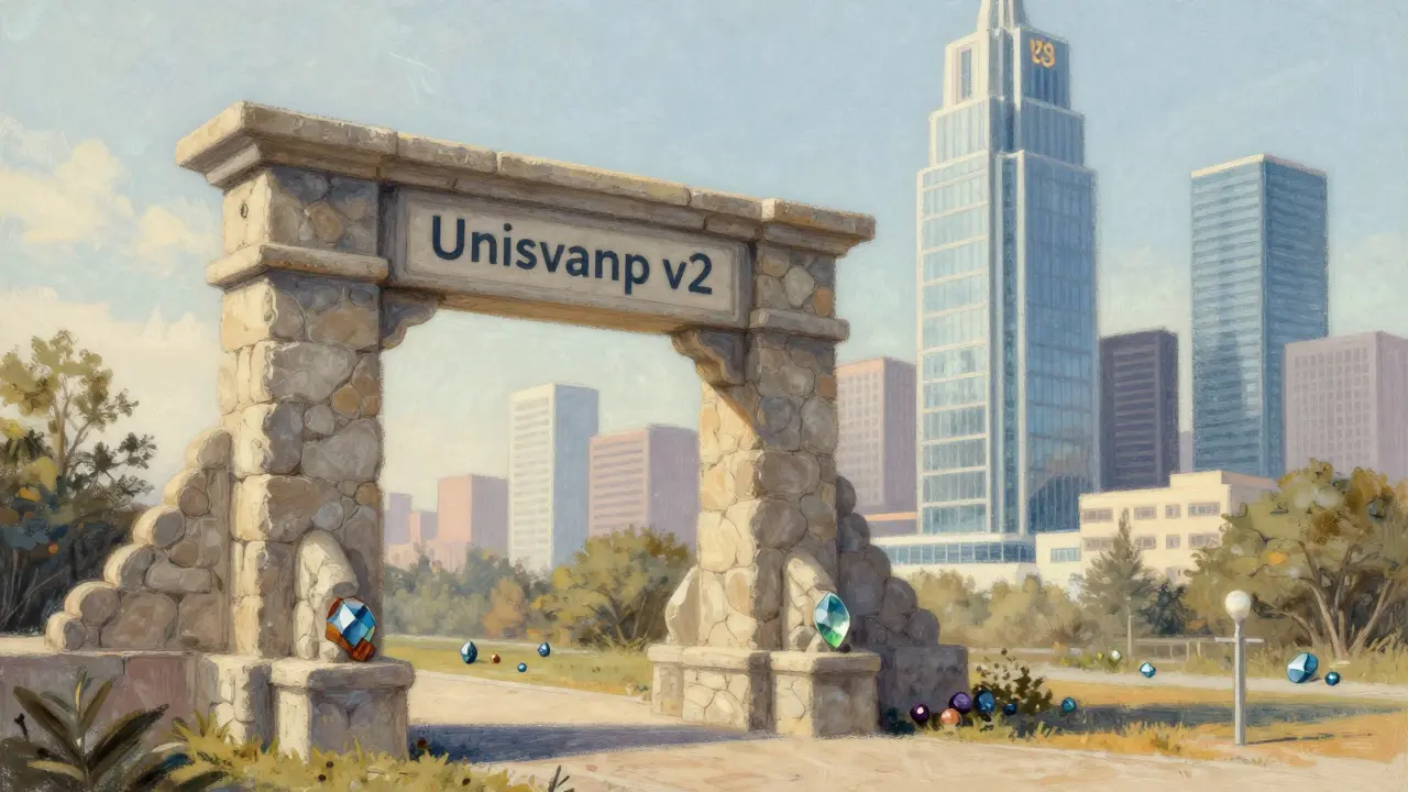 Pastel illustration of a sturdy arch holding unique gems, showing legacy DeFi utility.