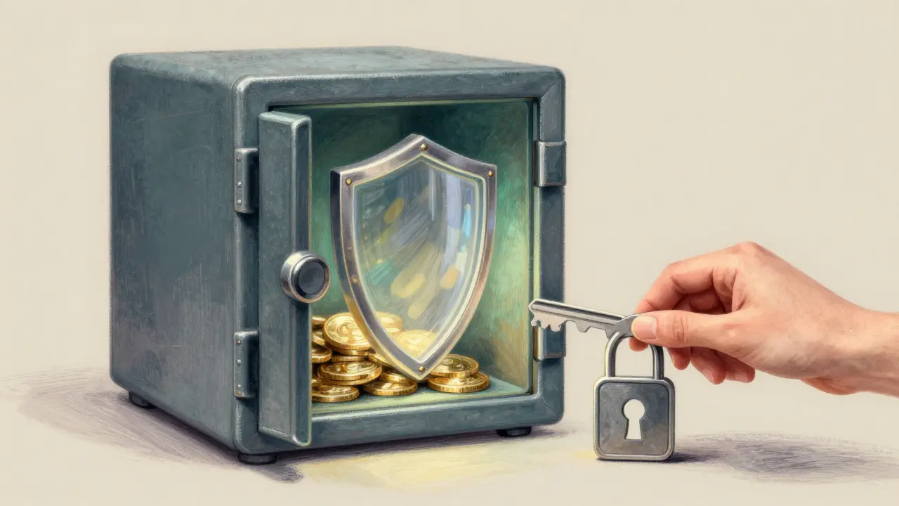 Pastel illustration of an open safe protecting digital assets