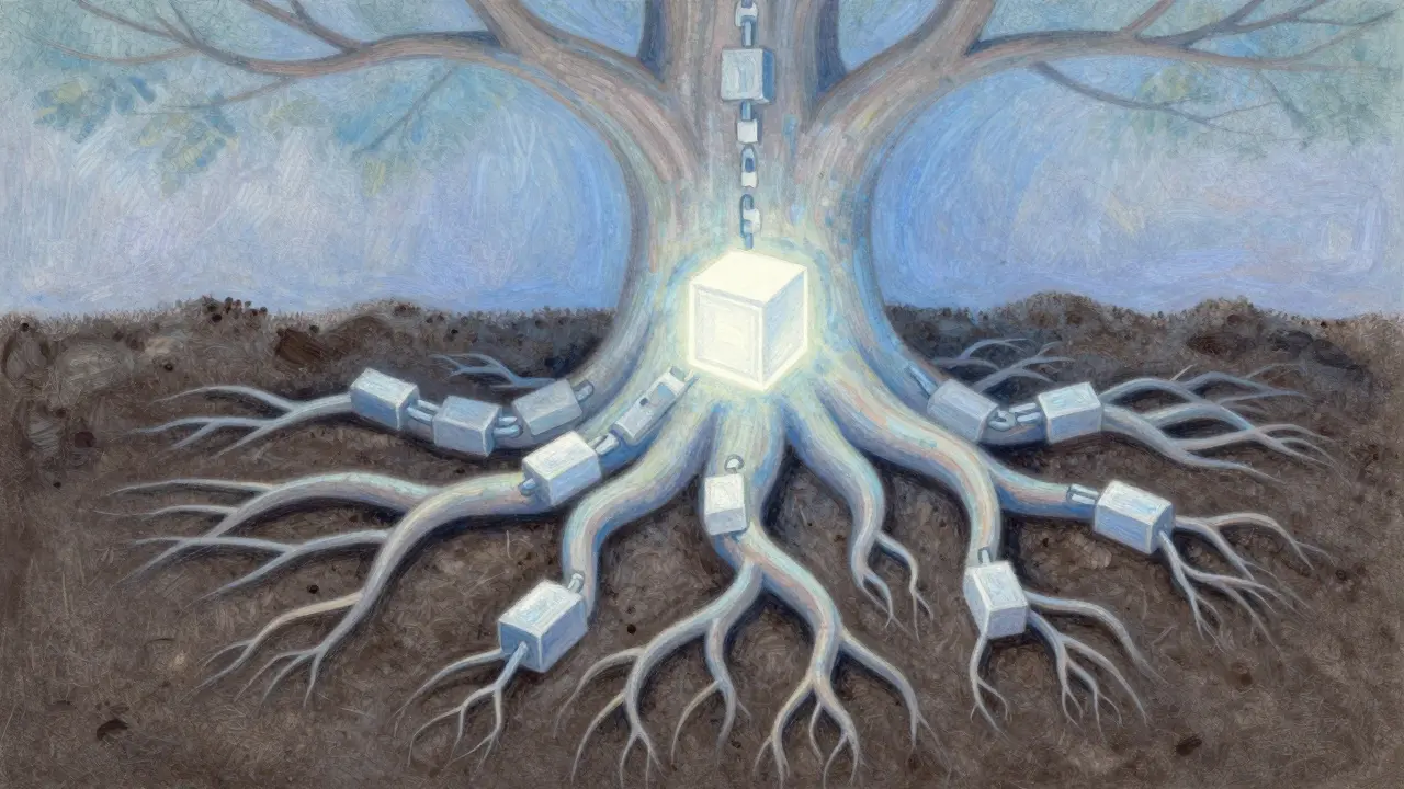 Pastel illustration of blockchain roots anchoring to a bright central genesis block, symbolizing trust.