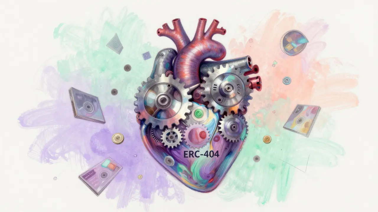 Pastel illustration of ERC-404 hybrid token combining art and tech
