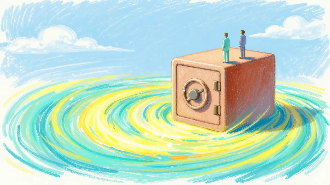 Pastel illustration of fast blockchain energy supporting a stable crypto vault.