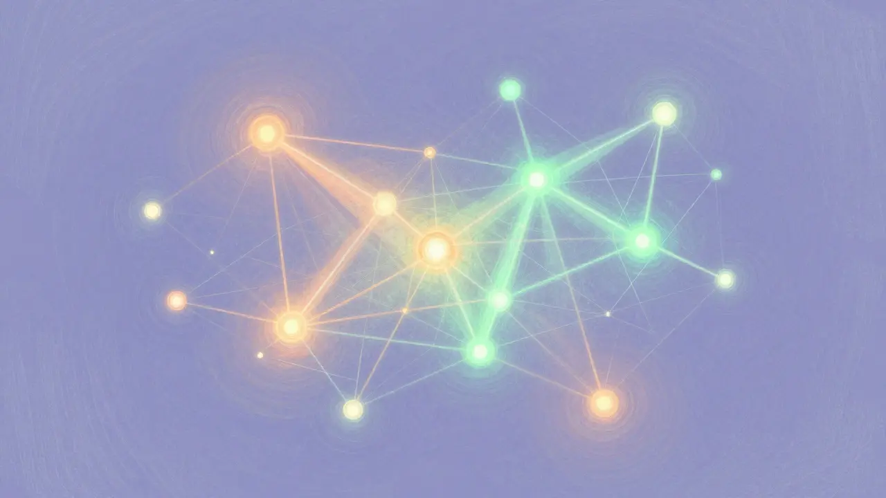 Pastel illustration of glowing network nodes detecting crypto threats