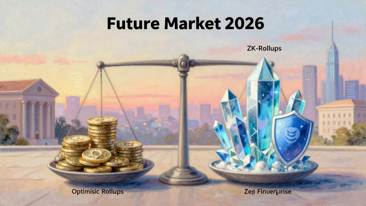 Pastel illustration of market shift from Optimistic DeFi dominance to ZK growth in 2026.