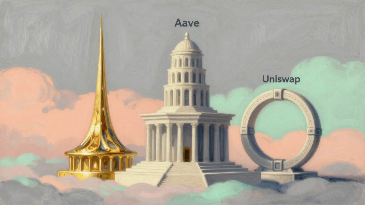 Pastel illustration of stylized towers representing major DeFi protocols like Lido and Aave.