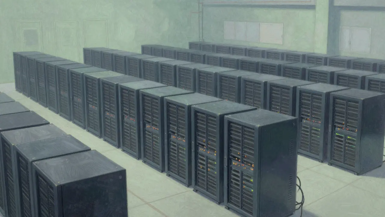 Rows of crypto mining servers in a secure facility