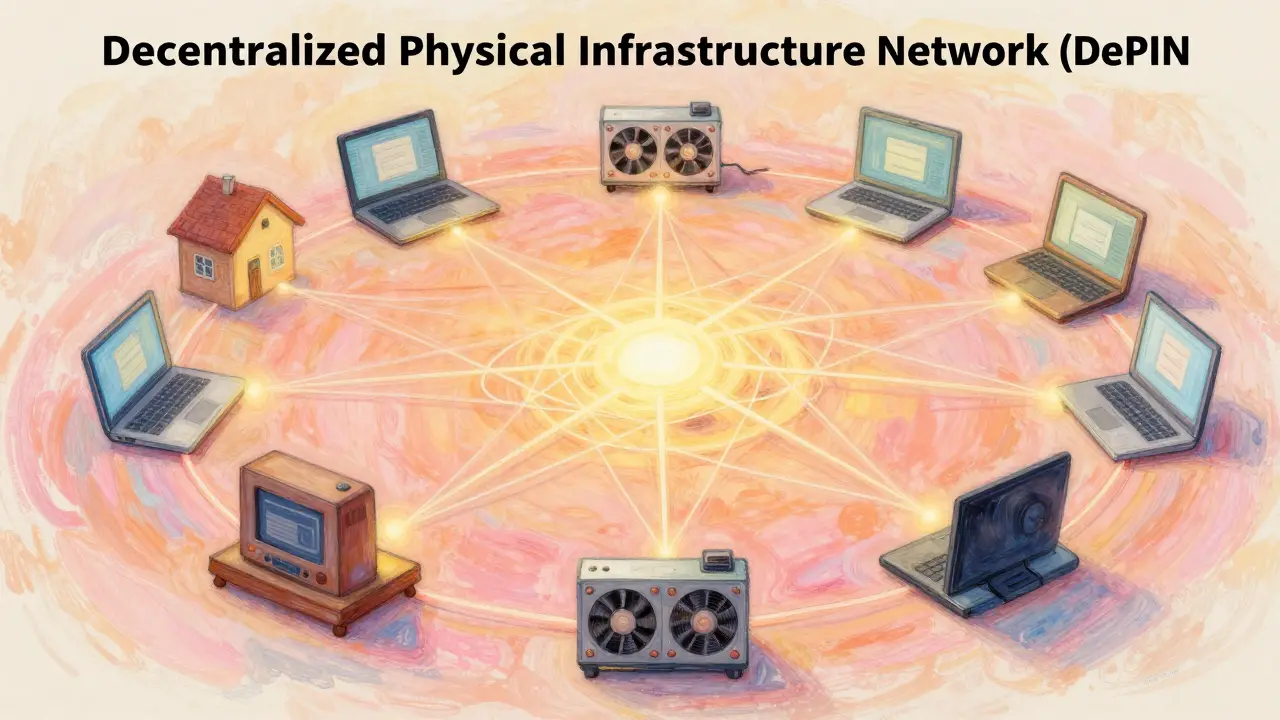 Soft pastel illustration of a global decentralized compute network