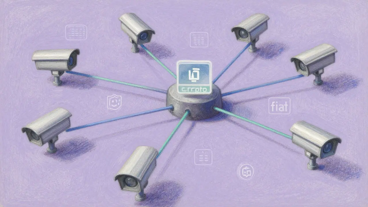 Soft pastel illustration of algorithmic surveillance networks tracking financial transactions.