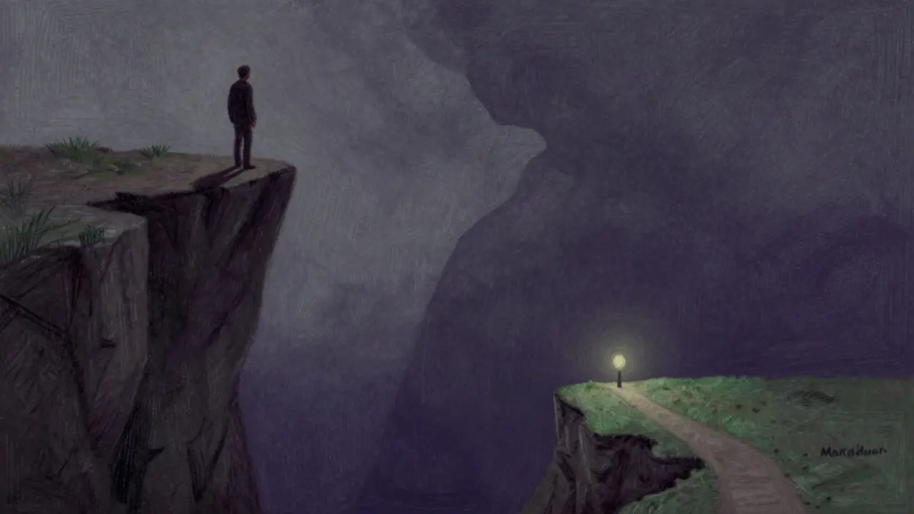Somber pastel drawing of a figure overlooking a cliff, depicting bear market resilience and strategy.