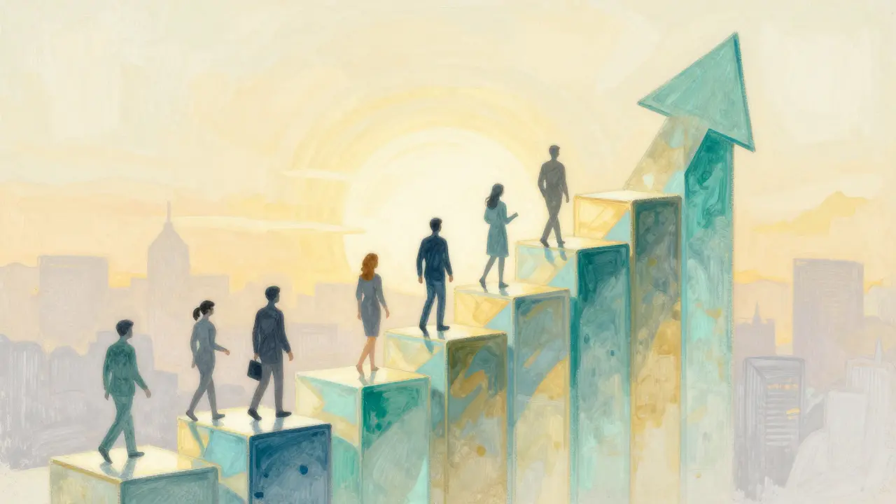 Upward path of blockchain blocks symbolizing market growth in pastel
