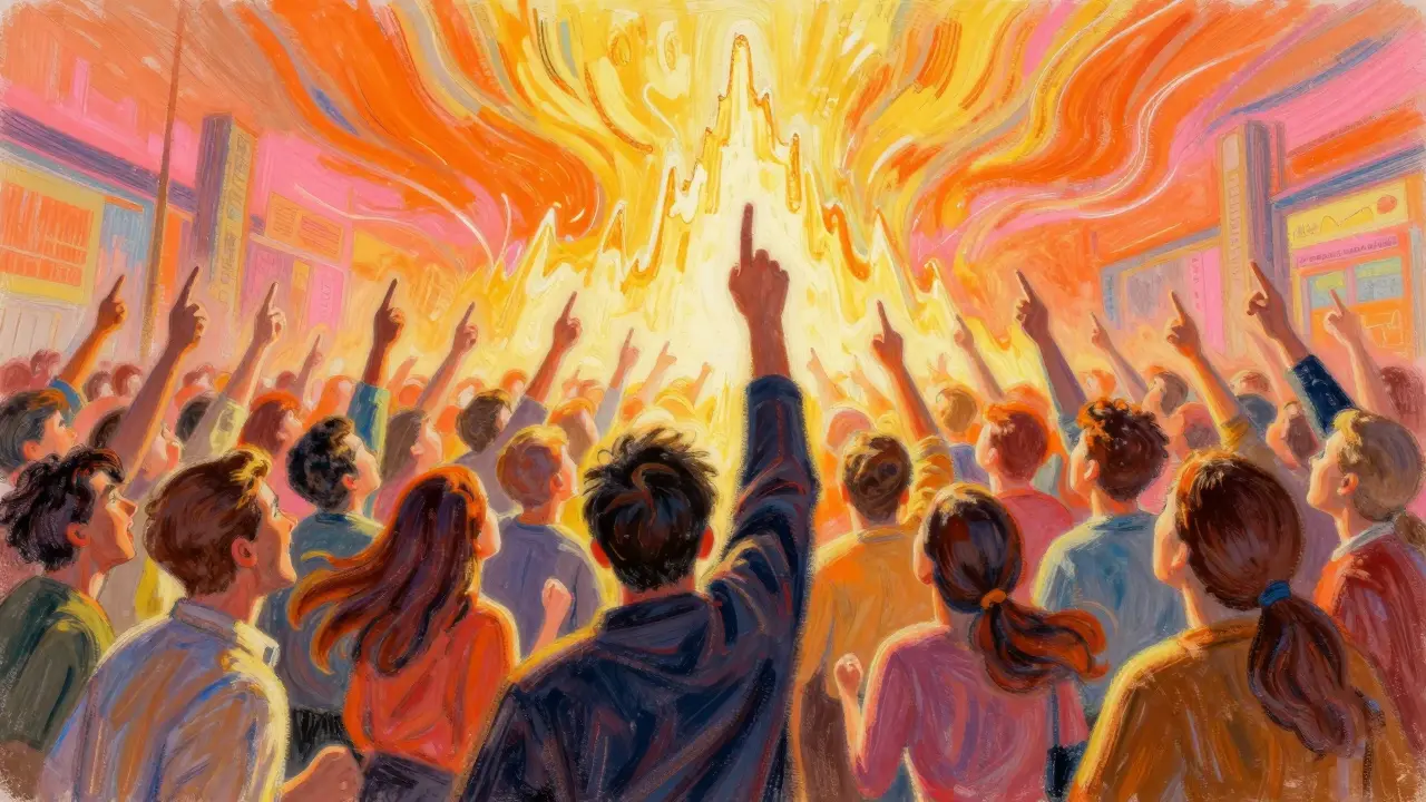 Vibrant pastel art showing a crowd rushing toward a golden peak, symbolizing bull market hype.