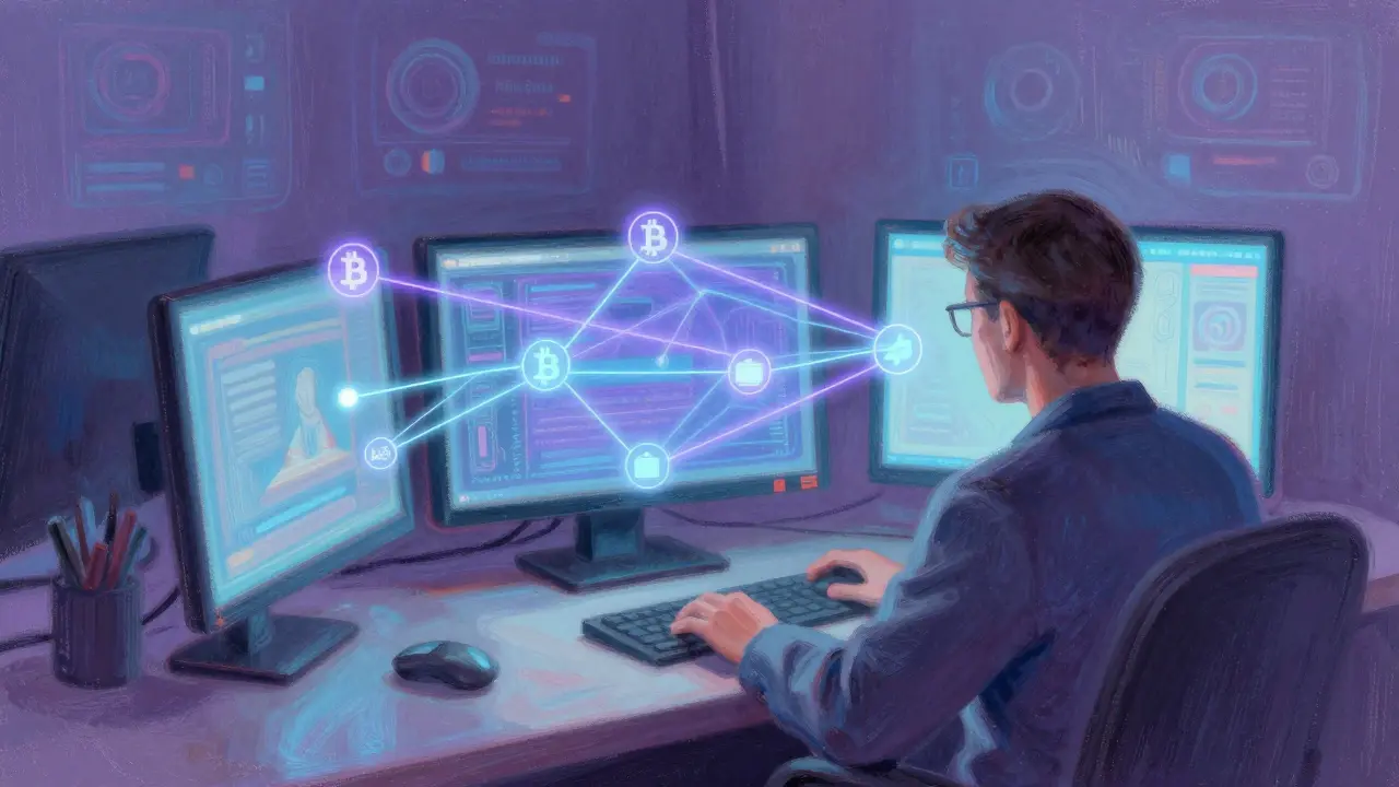 Abstract illustration of blockchain transaction tracing in pastel
