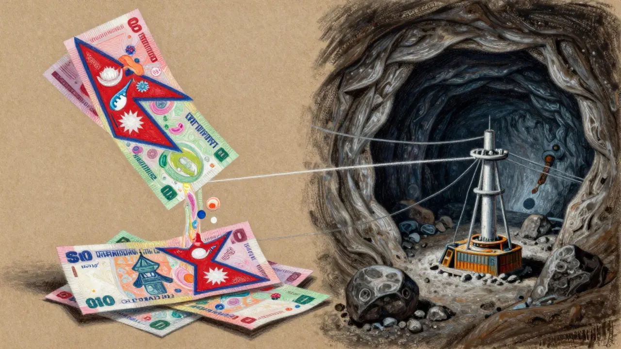 Artwork contrasting remittance flows with underground mining, highlighting economic concerns behind the ban.