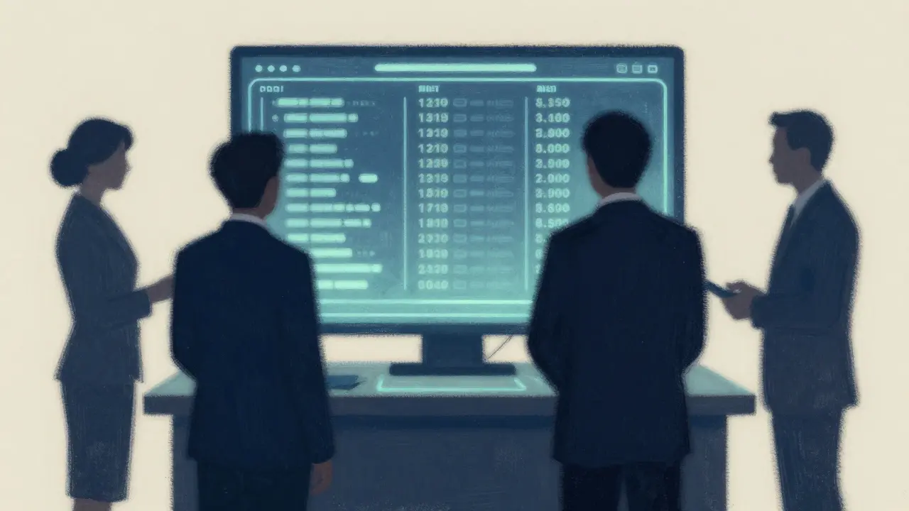 Business figures reviewing a ledger with blurred data for privacy