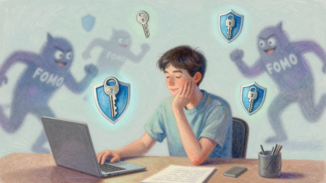 Calm investor with digital security symbols in pastel style