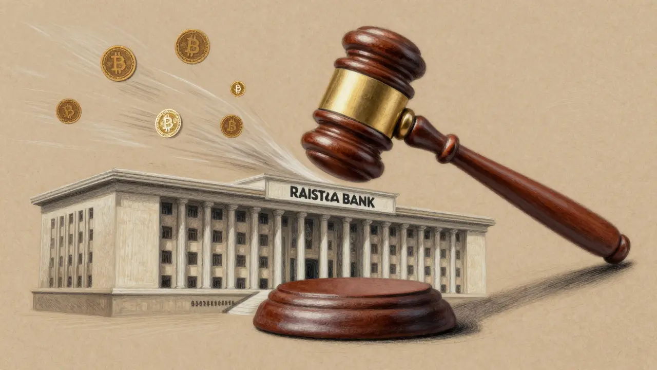 Depiction of the Nepal Rastra Bank with a gavel suppressing Bitcoin icons, showing central bank control.