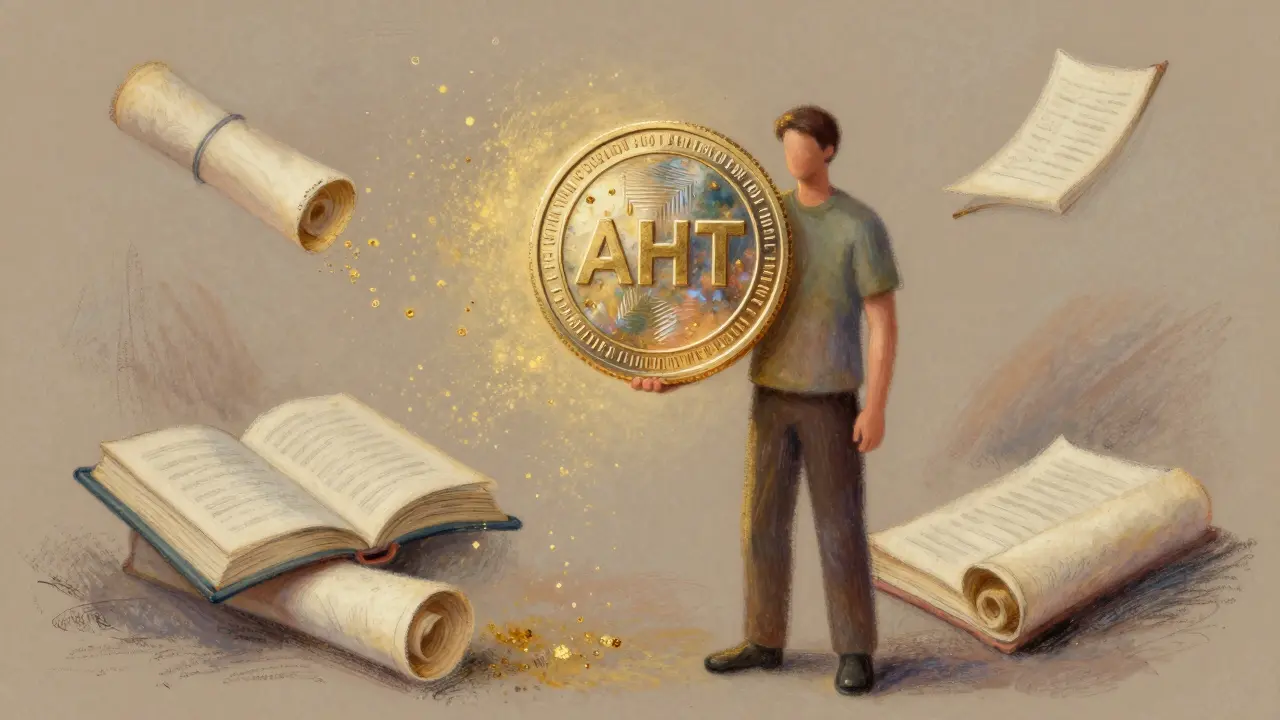 Figure holding a glowing coin made of knowledge, pastel drawing