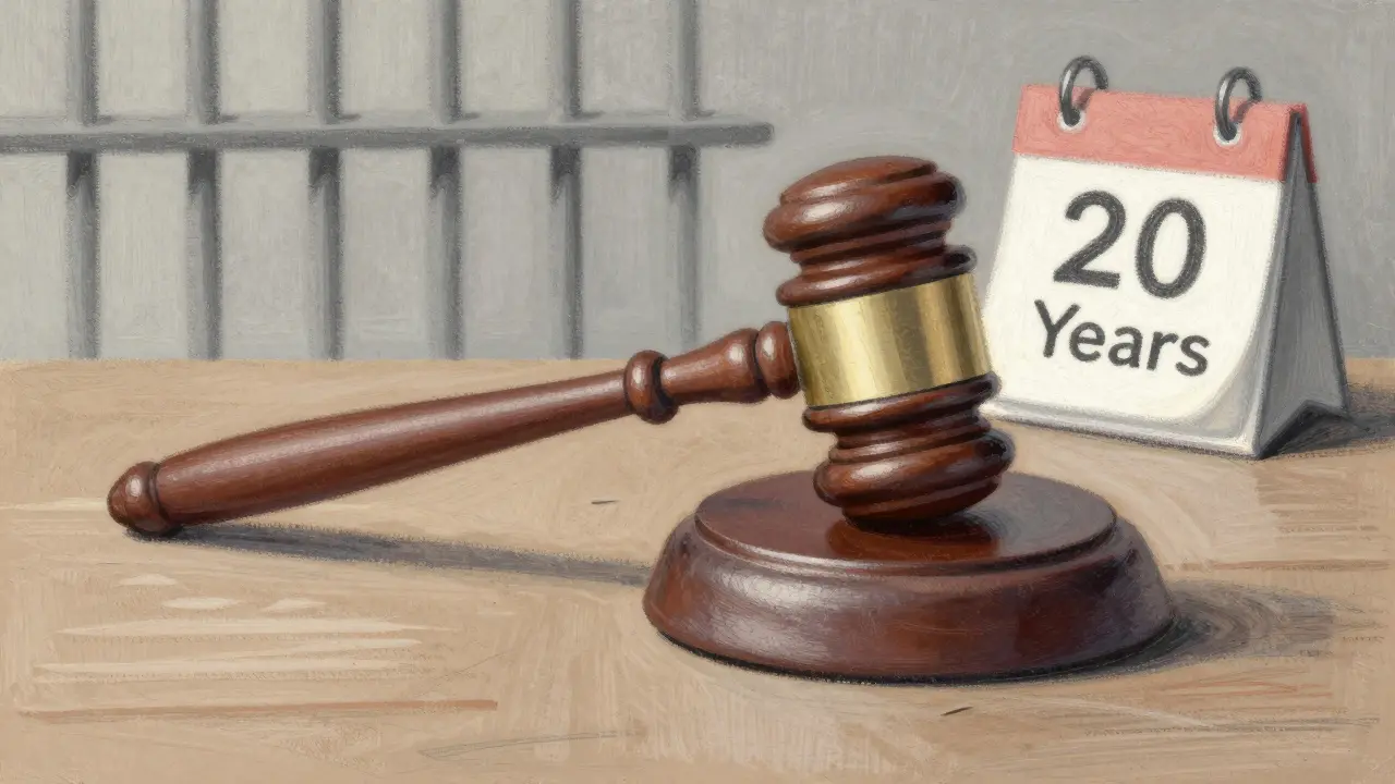 Gavel and prison bars symbolizing legal sentences in pastel art