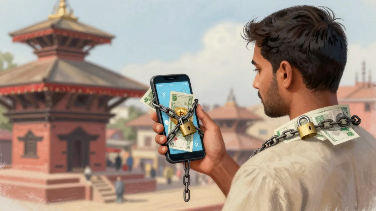 Illustration of a person blocked from accessing crypto by chains of currency, representing legal restrictions in Nepal.