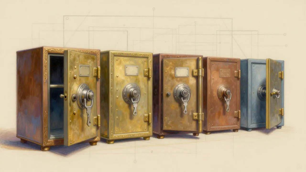 Locked safes representing Pedersen commitments in blockchain cryptography