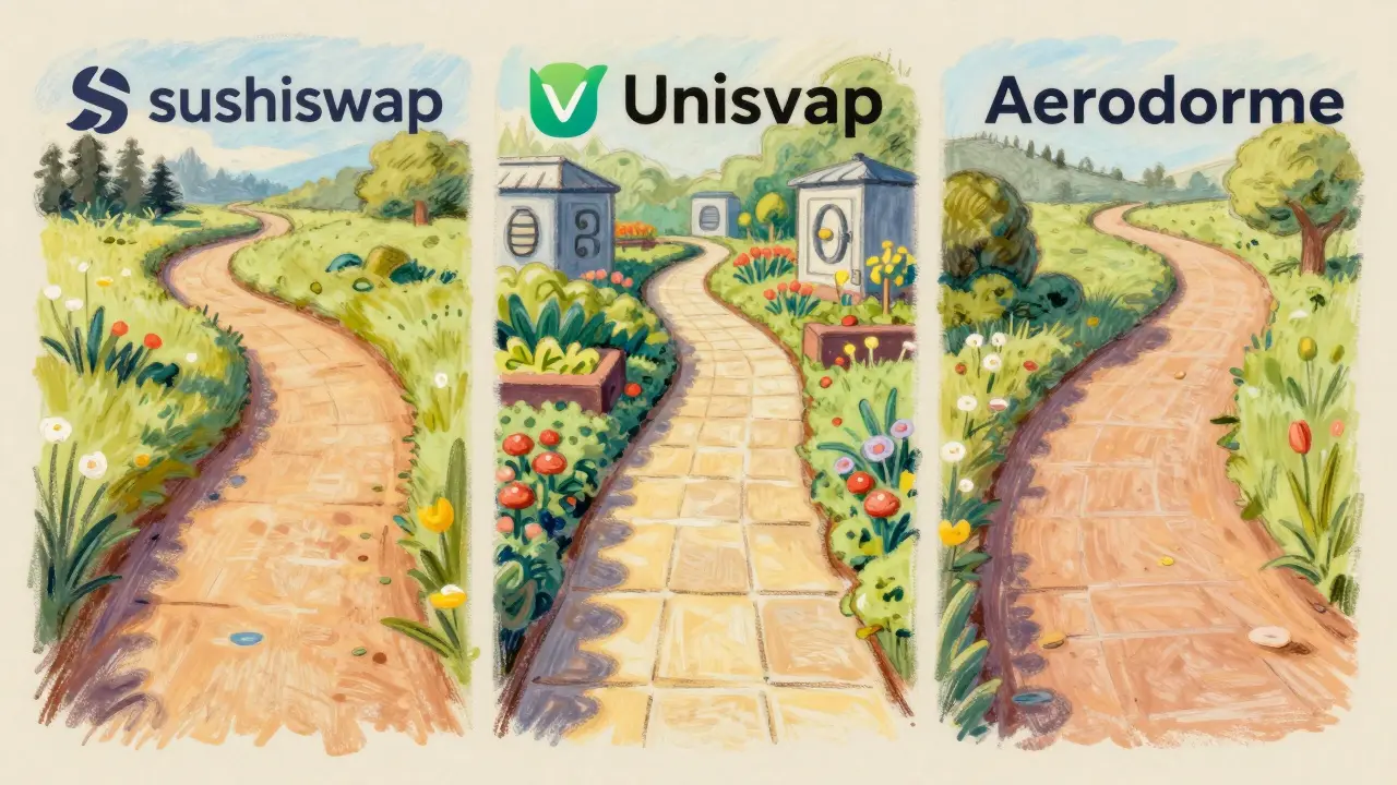 Pastel art comparing three DeFi paths, highlighting SushiSwap's integrated yield ecosystem.