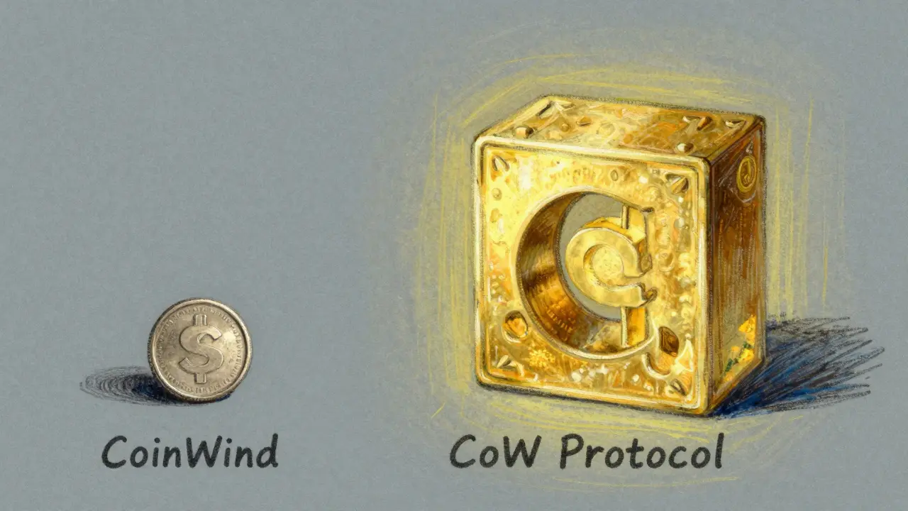 Pastel art contrasting small CoinWind token with large CoW Protocol structure