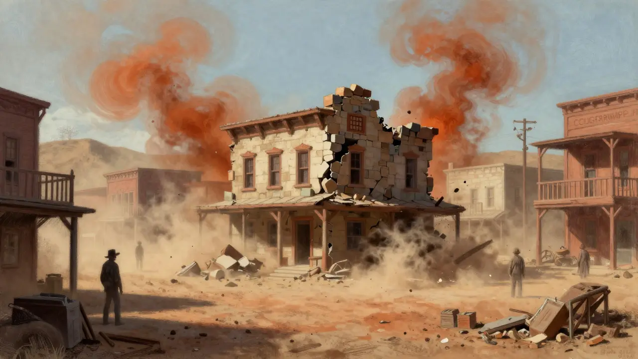 Pastel art of a crumbling digital building in a dusty, chaotic western town