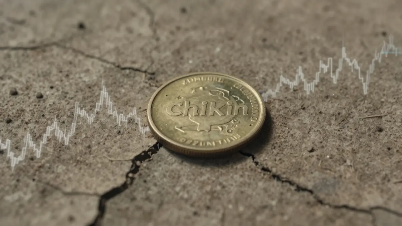 Pastel art of a lonely coin on cracked ground, symbolizing low liquidity and zombie status