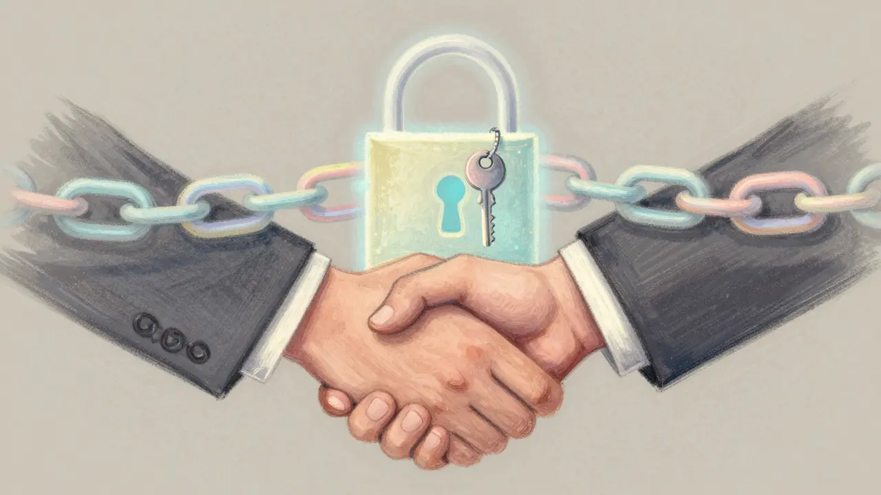 Pastel art of a secure digital handshake for property transfer