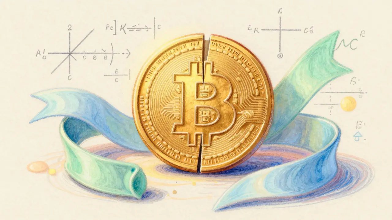 Pastel art of a split Bitcoin coin representing the halving event
