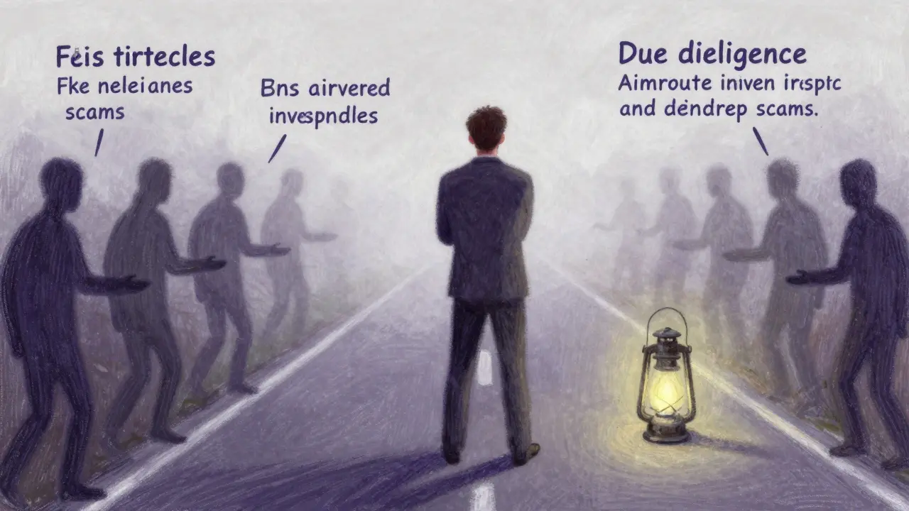 Pastel art of an investor avoiding scam shadows at a crossroads