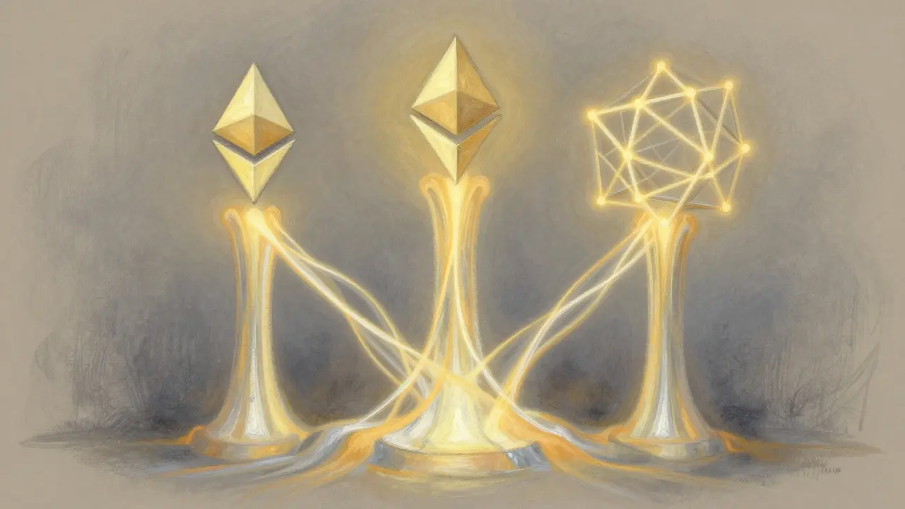 Pastel art of three glowing pillars connected by light ribbons representing blockchains