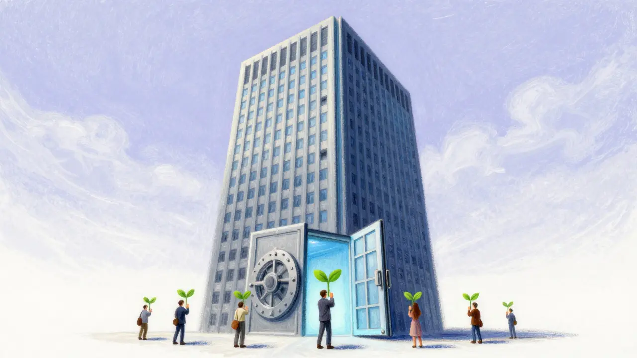 Pastel art of US skyscraper with institutional and retail crypto symbols