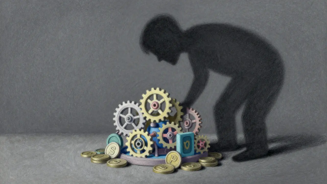 Pastel art showing a shadow looming over delicate financial gears