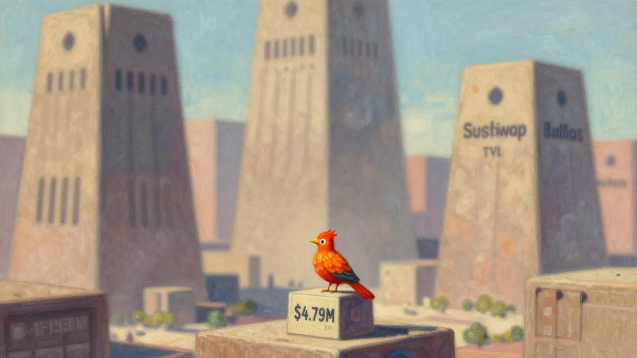 Pastel art showing a small firebird next to giant financial monoliths