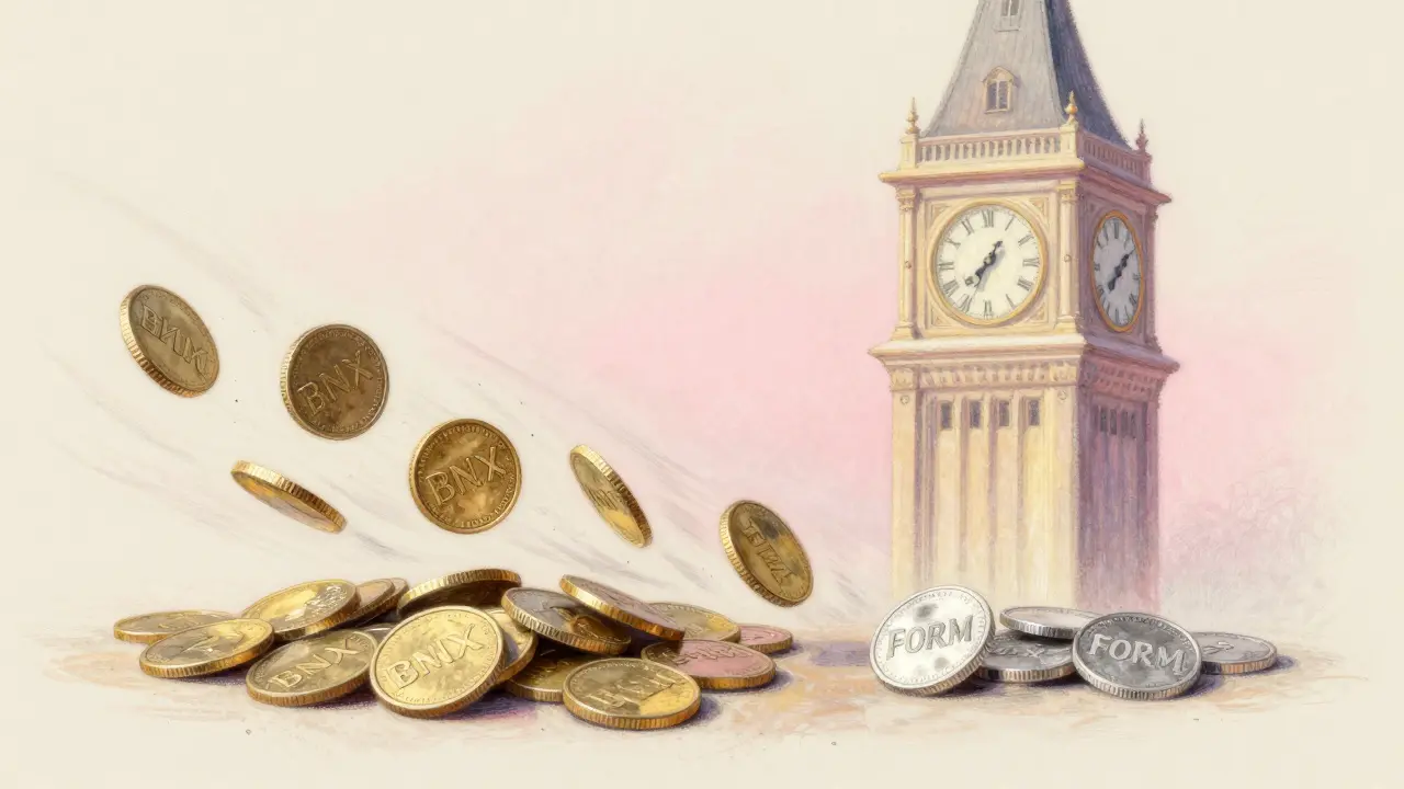 Pastel art showing BNX coins transforming into FORM tokens