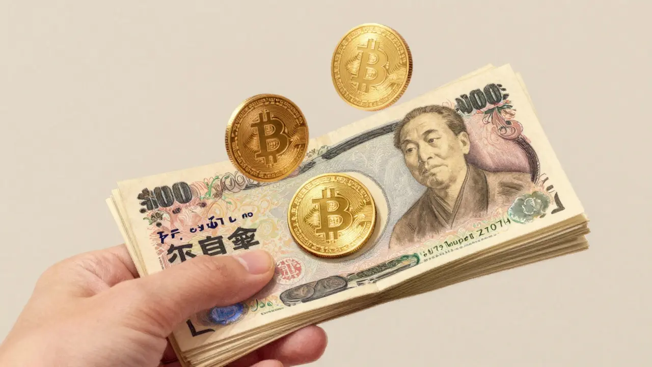 Pastel art showing Japanese Yen transitioning into Bitcoin coins