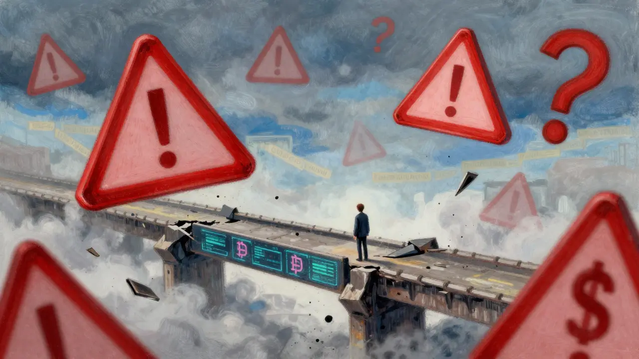 Pastel art showing red warning signs and crumbling bridge symbolizing crypto scams