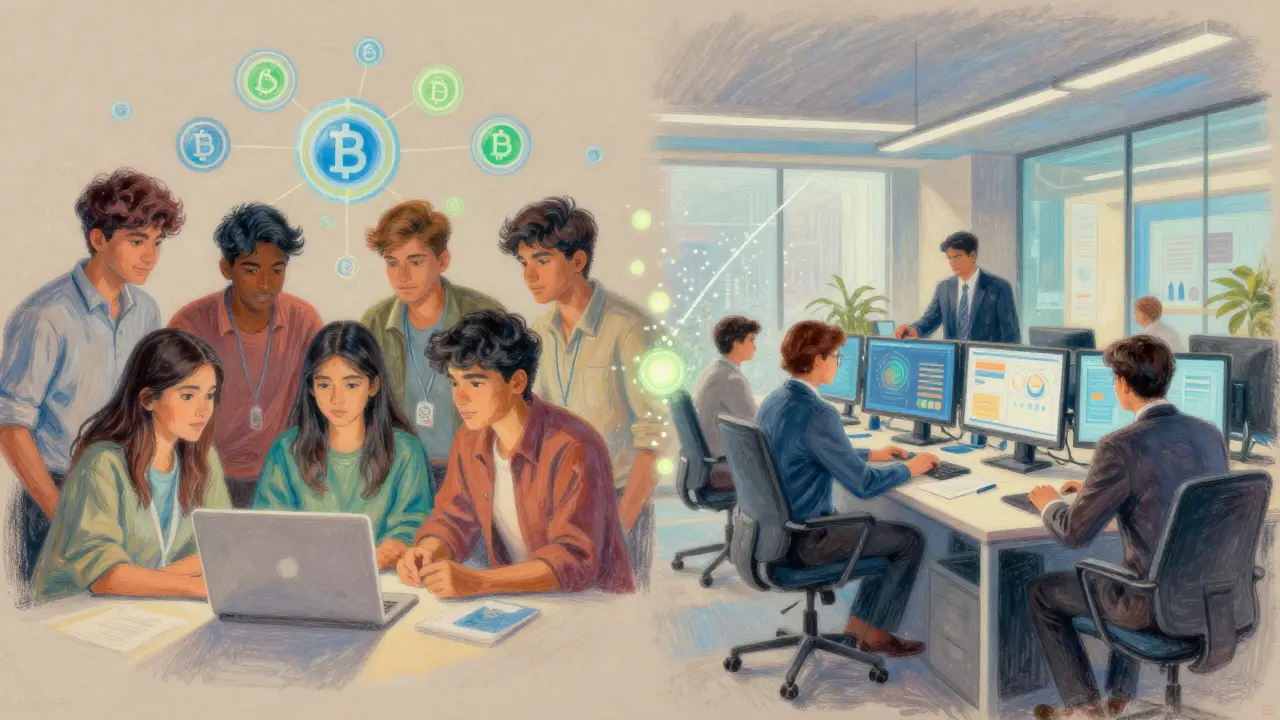 Pastel art showing students and professionals collaborating on blockchain technology in India.