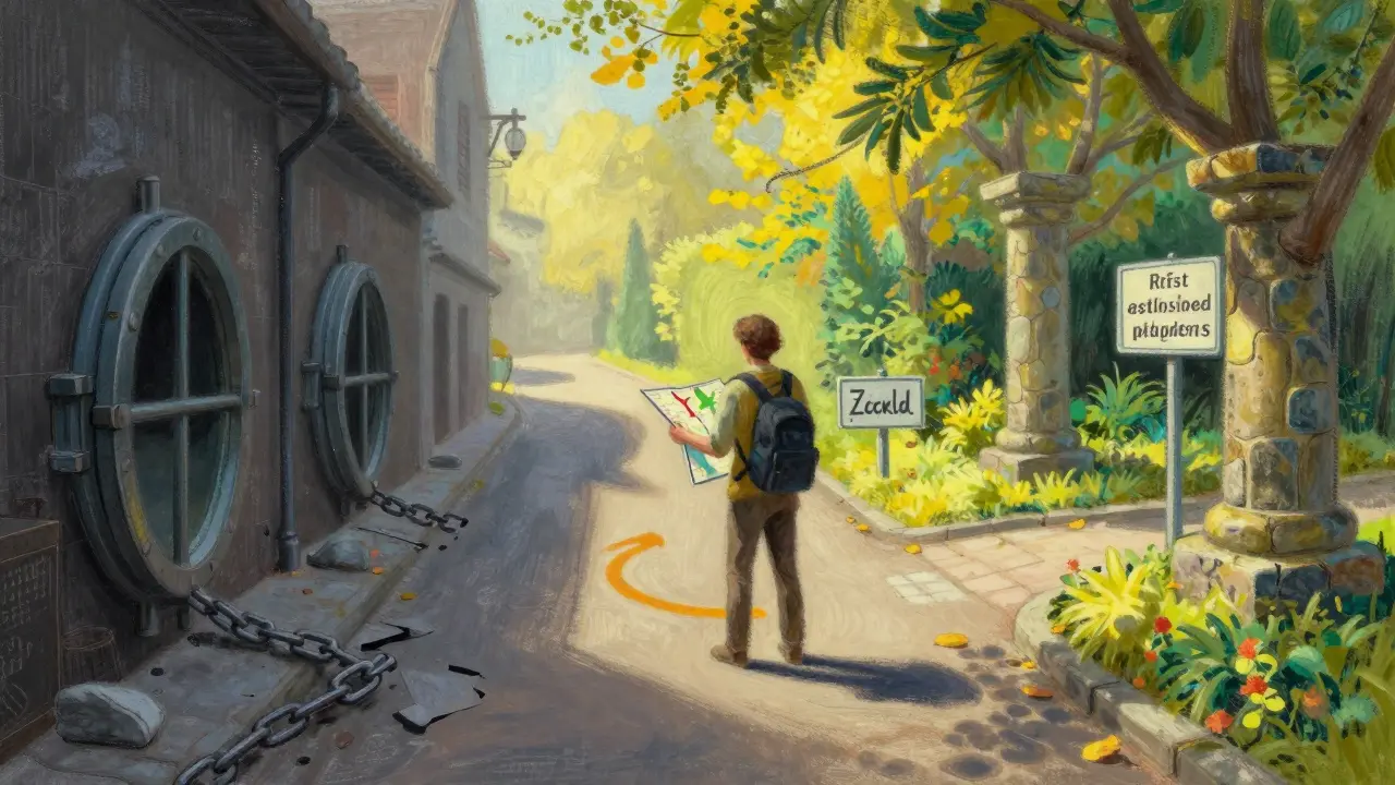 Pastel drawing contrasting dark risky path with bright safe regulated crypto option