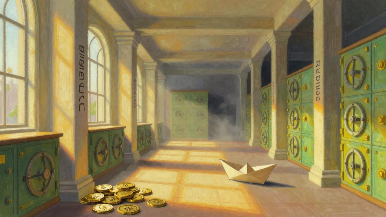 Pastel drawing contrasting secure financial pillars with a drifting paper boat