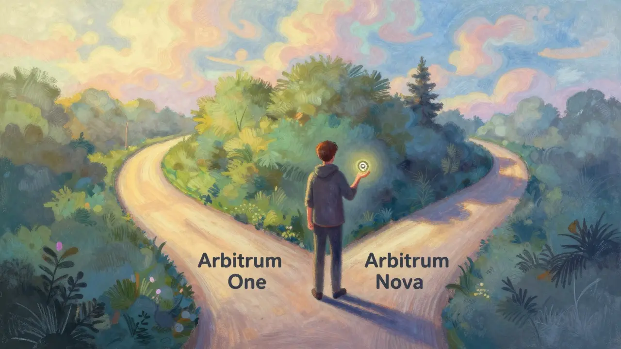 Pastel drawing of a person choosing between a bright path and a shadowy one