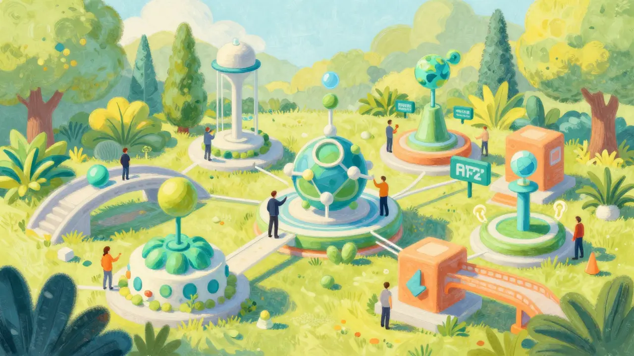 Pastel drawing of a vibrant digital ecosystem with active users