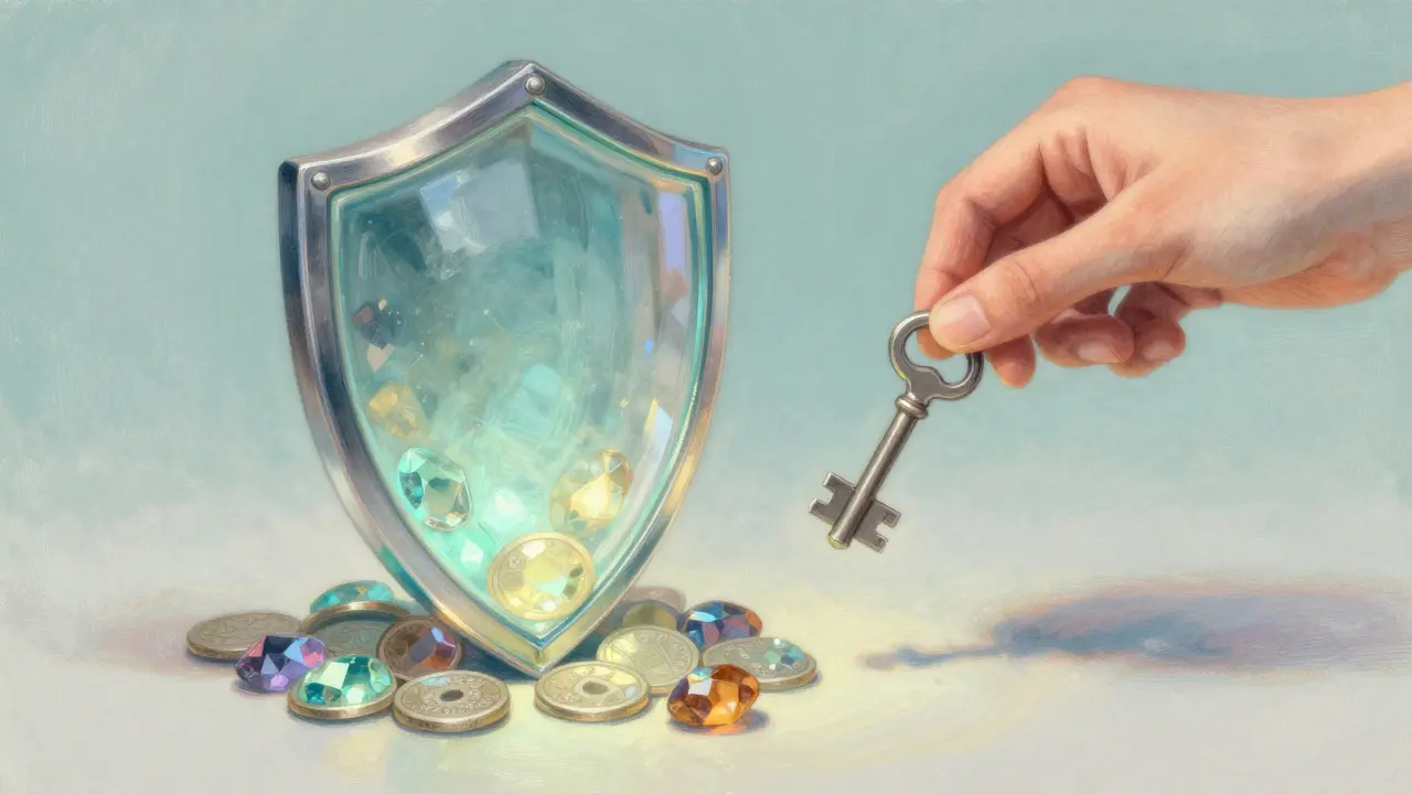 Pastel illustration of a glass shield protecting gems with a key nearby