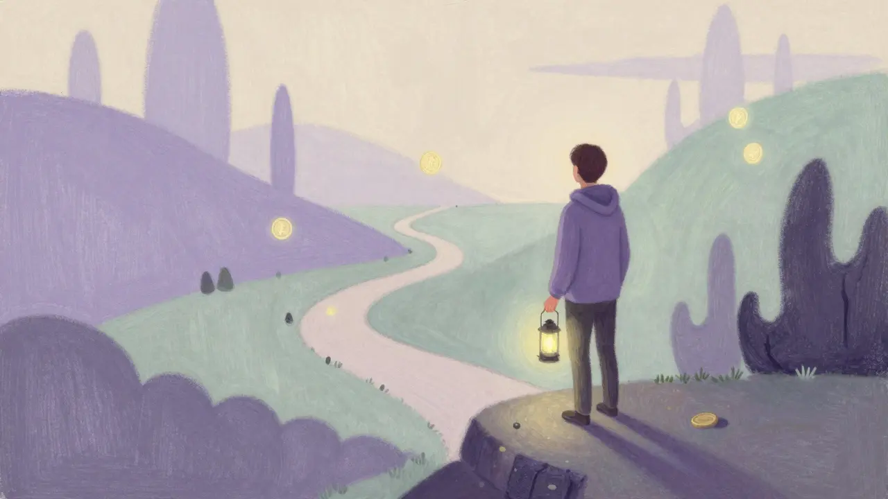 Pastel illustration of a person cautiously navigating a risky DeFi landscape