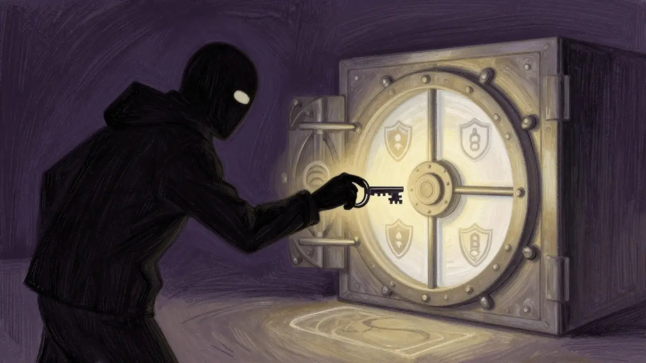 Pastel illustration of a shadowy scammer reaching for a secure crypto vault, warning against phishing.